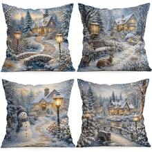 4 Stücke/1 Stück Winterliche Schneehütten-Muster Kissenbezug ohne Füllung, einseitig bedruckter Kissenbezug, geeignet für Wohnzimmer, Schlafzimmer, Heimdekoration, ganzjährig verwendbarer Kissenbezug - Verschiedenfarbig - Übersicht 1