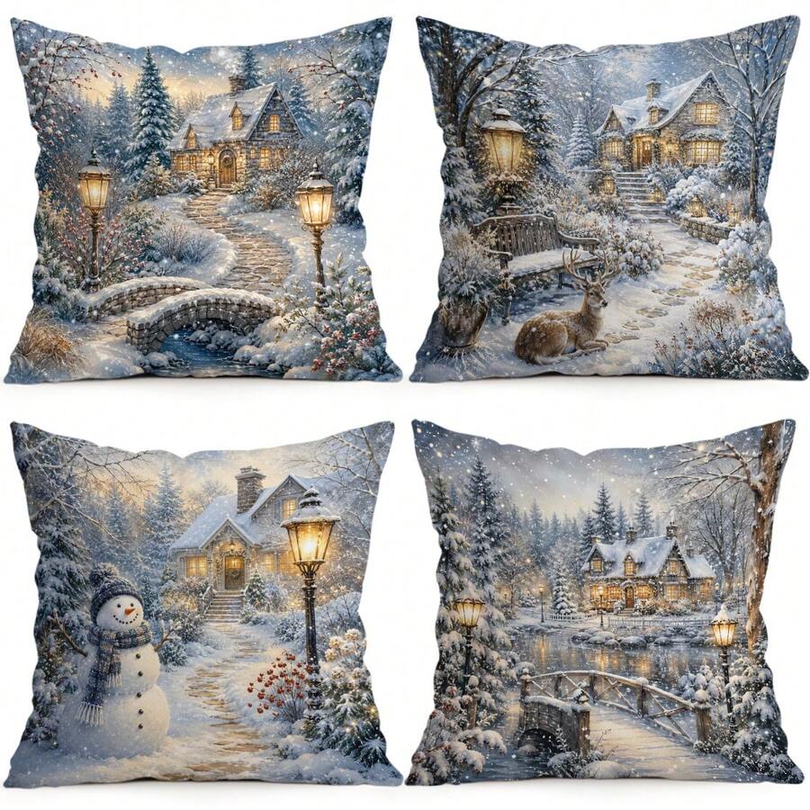 4 Stücke/1 Stück Winterliche Schneehütten-Muster Kissenbezug ohne Füllung, einseitig bedruckter Kissenbezug, geeignet für Wohnzimmer, Schlafzimmer, Heimdekoration, ganzjährig verwendbarer Kissenbezug - Verschiedenfarbig - Übersicht 1