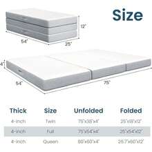 Tri Fold Foldable Mattress 4 Inch Memory Foam Portable Folding Floor Guest Bed Convertible Lounger Mat With Removable Washable Cover Storage Bag Non Slip Bottom For Camping Travel Home RV White - Full - View 3