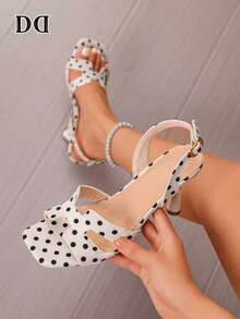White Polka Dot Stiletto Sandals For Women, Square Toe Cutout Cross Strap Slingback Heeled Sandals - White - View 1