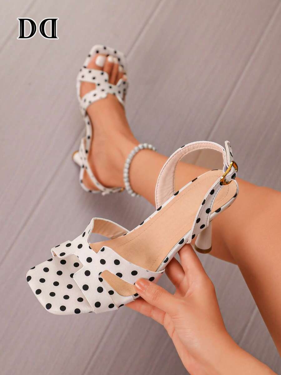 White Polka Dot Stiletto Sandals For Women, Square Toe Cutout Cross Strap Slingback Heeled Sandals - White - View 1