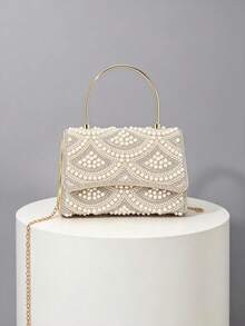 1pc Beige Heavy Embellished Pearl & Rhinestone Handheld Evening Bag, Fan-Shaped Beaded Pattern, Metal Ring Handle, Flap Design, Bridal Dress Bag, Wedding Banquet Party, Can Be Paired With Chain Crossbody - Beige - View 4