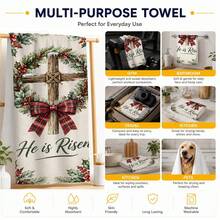 2pcs Christmas Wreath Print Kitchen Towels, He Is Risen English Text, Holly Red Berry Plaid Bow Pattern Hand Towels, Oven Door Decorative Hanging Towels, Holiday Home Kitchen Decor, 4/6/8pcs Box Set - Multicolor - View 5
