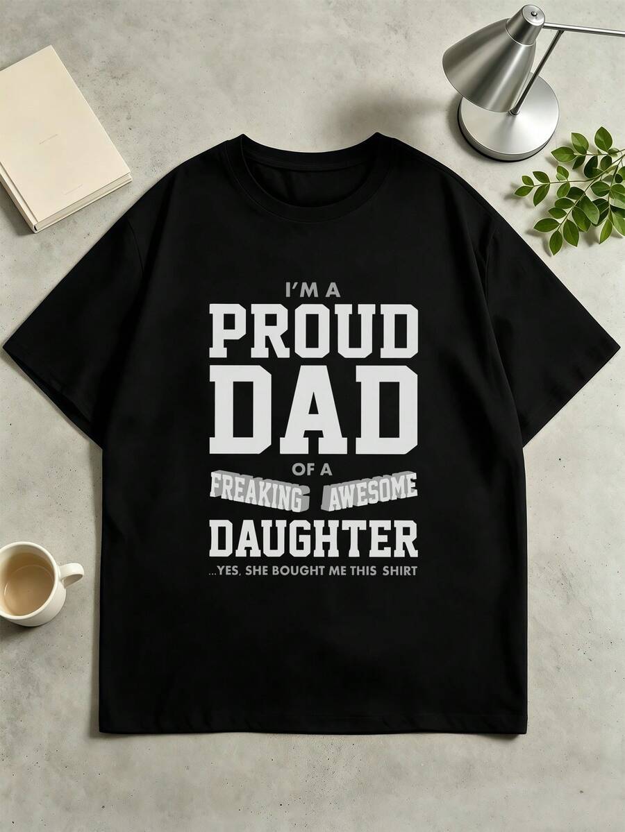 Proud Dad, Awesome Daughter T-Shirt, 100% Cotton, Relaxed Fit, Hip-Hop Street Style, Comfortable, Art Print. - Black - View 1