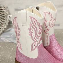 Girls' Glitter Embroidered Patchwork Western Cowboy Boots - Pink - View 6