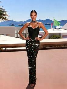 Elegant Halter Neck Handmade Rhinestone Embellished Long Fitted Bandage Party Dress - Black - View 2