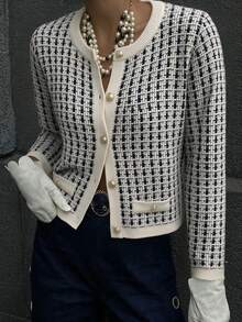 Women's Houndstooth Knit Cardigan Sweater, Crew Neck Pearl Button Contrast Trim Long Sleeve Outerwear, Elegant Commuter Casual Coat For Fall Winter - Multicolor - View 5