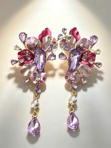 2pcs Fashion Exaggerated Flower Metal Rhinestone Purple Water Drop Pendant Earrings, Suitable For Women's Daily And Party Wear - Purple - View 2