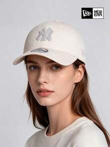 New Era Off White Baseball Cap, Embroidered NY Logo, Classic Curved Brim Design, Minimalist Daily OOTD Accessory - White - View 1