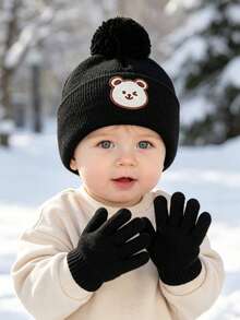 1set Bear Baby Pom-Pom Beanie White Hat Gloves Set, Cozy Knit Winter Warm Heart Cute Hat For Kids, Outdoor Accessory,Winter Baby Hat - Multicolor - View 3