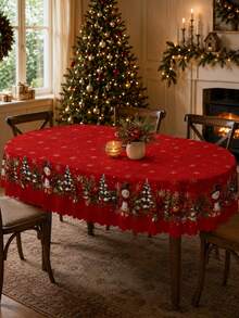 1pc Red Snowman Christmas Tablecloth, Holiday Polyester Rectangular Tablecloth, Printed With Snowflakes, Pine Tree Wreath, Holly Berries And Border Pattern, Suitable For Kitchen Decor, Home Decor, Room Decor, Christmas Home Decor And Classroom Decor - Multicolor - View 7