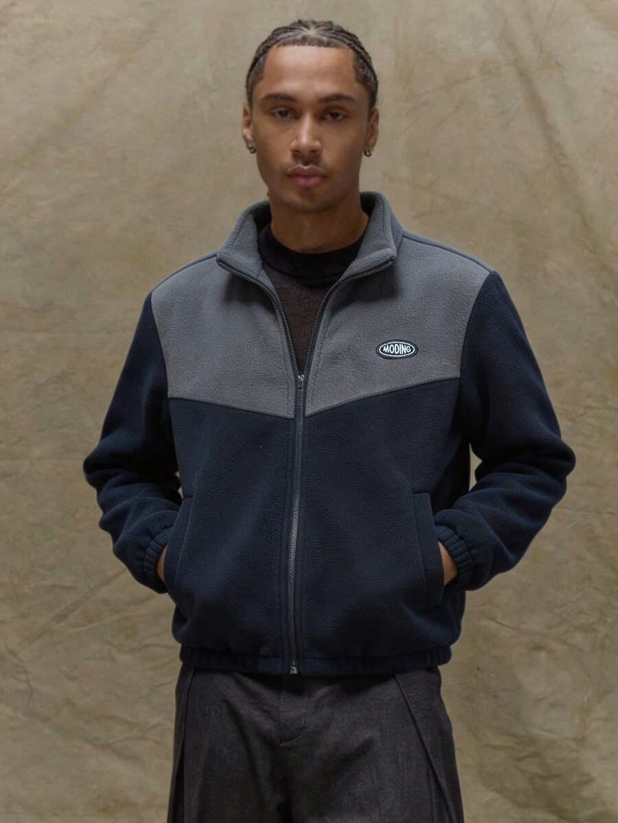 1pc Men's Autumn/Winter Colorblock Fleece Stand Collar Zip Jacket, Retro Contrast Warm Outerwear, Casual Commute Coat - Blue - View 1