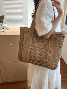 夏季草編海灘包 大容量手提包 度假風簡約百搭女款包 - 卡其色 - 查看 4
