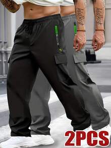 2pcs Men's Multi-Functional Cargo Pants, Elastic Waist Drawstring Multi-Pocket Casual Straight Leg Long Pants - Multicolor - View 2