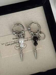 Punk Spiked Pearl Earrings, Asymmetric Beaded Pendant Earrings, Y2K Gothic Cool Metal Jewelry, Women's Street Style - Silver - View 3