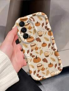 1pc Cream Wavy Edge Shockproof Anti-Fall Protective Phone Case, Autumn Phone Shell, Wavy Edge Cream Background Pumpkin Coffee Cup Maple Leaf Full Print Soft TPU Anti-Fall Phone Protective Case, Suitable For Android System Anti-Fall Protective Shell Compatible With Samsung, Series Phones - White - View 2