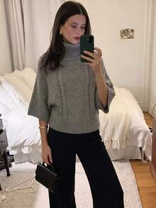女款休閒秋冬純色灰色高領落肩袖收腰針織紋理毛衣上衣/日常通勤辦公套頭衫 - 灰色 - 查看 8