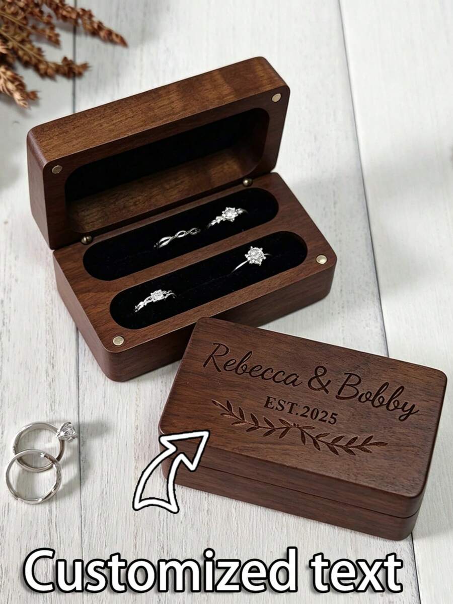 1pc Personalized Rectangular Wooden Ring Box, Daily Use Ring Storage Box, Customizable Engraving, Suitable For Engagement, Proposal, Wedding And Anniversary - Multicolor - View 1