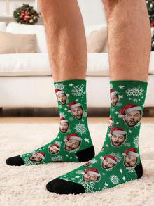 Christmas Custom Face Crew Socks, Green Base Decorated With Snowflake And Star Patterns, Printed With Personalized Portraits Wearing Santa Hats - Multicolor - View 2