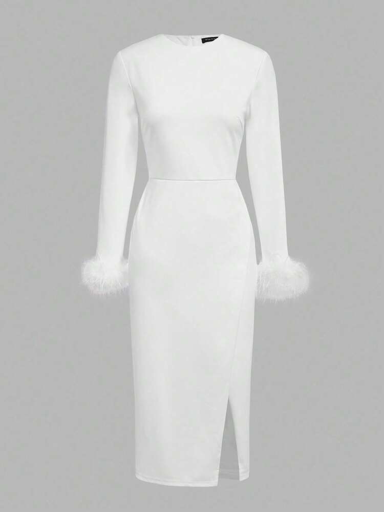 Elegant Daily Date Commute Slim Fit Long Sleeve Knit Dress, Winter Dress - White - View 2