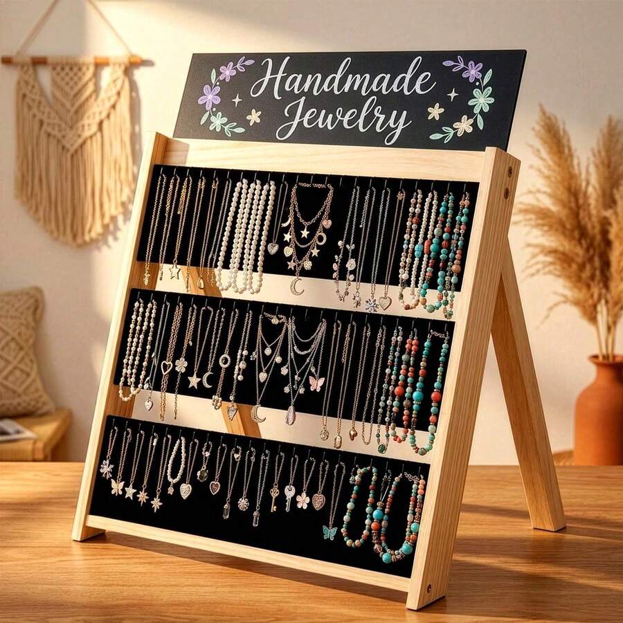 Solid Wood Jewelry Display Rack With Writeable Chalkboard 3 Tier Stand For Necklaces Small Business - black - View 1