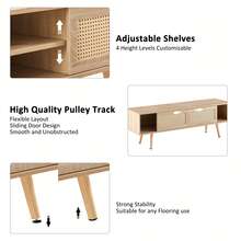 Wicker TV Cabinet With Double Sliding Doors, Storage Space, Adjustable Shelves And Solid Wood Legs. TV Cabinet For The Living Room, Natural Wood Look - H45/W1400/D40 Cm, 140 X 45 X 40 Cm - Multicolor - View 8