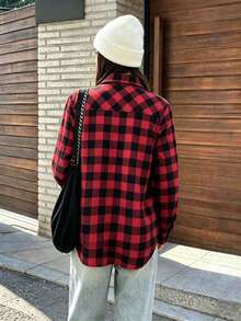 Women's Red Black Plaid Collared Long Sleeve Button Front Shirt Casual Home Office Work Daily Vintage Top Spring Summer Fall Winter - Red and Black - View 2