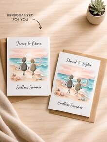 Custom Beach Pebble Couple Card, Personalized Names & Text Greeting Card, Unique Keepsake Card For Anniversary, Wedding, Valentine's Day, Romantic Gift For Partner, Sweet Seaside Art Card To Cherish Special Relationship Memories - Multicolor - View 2