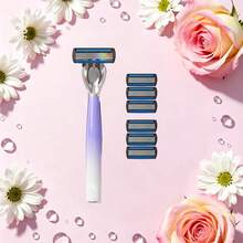 High-Quality Gradient Color Women's Manual Shaving Set With 6/12/18/24 Replacement 6-Layer Stainless Steel Razor Blades, Washable Razor For Intimate Areas, Underarm Hair, Leg Hair, Shaving Tool, Body Grooming Razor, Men's Shaving Razor, Beard Razor, Daily Hair Trimming, Premium Travel Choice - 1 Gradient Blue Handle + 6 Replacement Blades - View 12