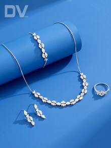 DV JEWELRY 5pcs Set Cubic Zirconia White Gold Plated Luxury Necklace Bracelet Earrings Hidden Opening Ring Jewelry Set Women's Elegant Jewelry Wedding Date Gift Party Anniversary With Gift Box Packaging - Silver - View 1