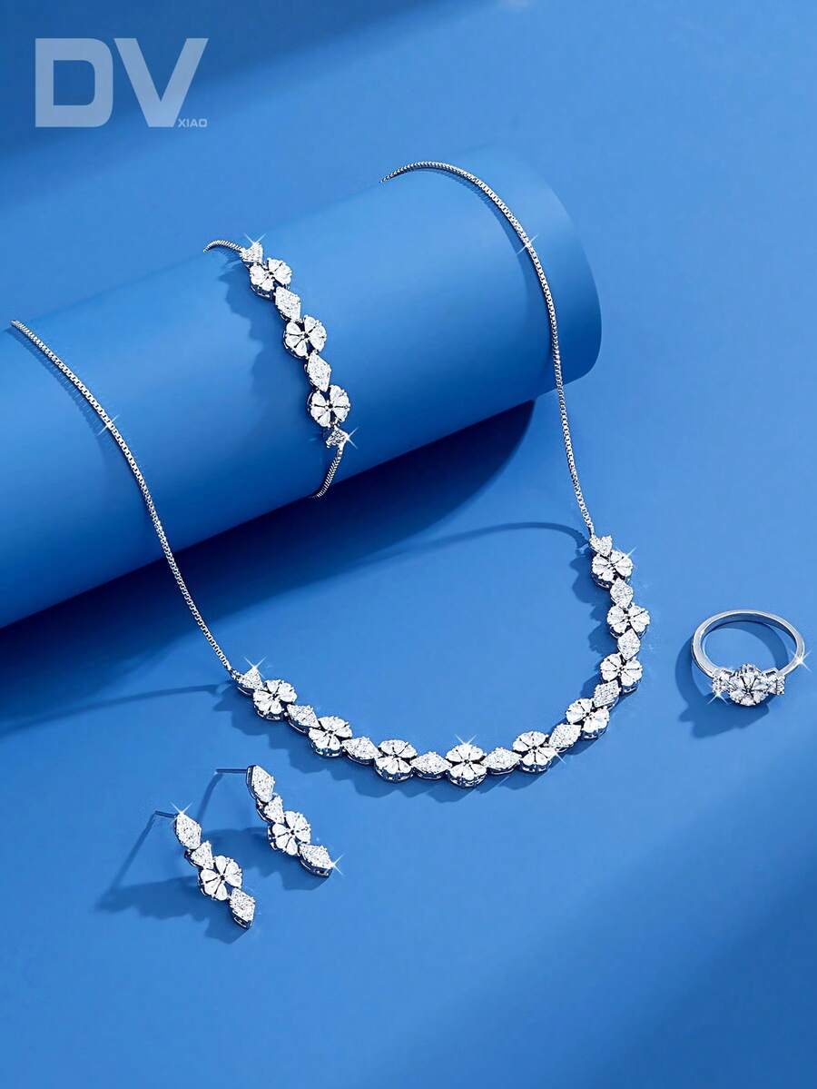 DV JEWELRY 5pcs Set Cubic Zirconia White Gold Plated Luxury Necklace Bracelet Earrings Hidden Opening Ring Jewelry Set Women's Elegant Jewelry Wedding Date Gift Party Anniversary With Gift Box Packaging - Silver - View 1