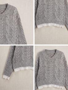 Cable Knit V-Neck Sweater With Lace Trim - Comfortable Loose Pullover For Autumn, Suitable For Casual Daily And Campus Style Fall - Grey - View 9