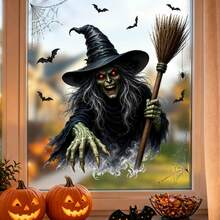 Halloween Witch Window Decals, Scary Witch Glass Stickers With Bat And Spider Web Pattern, Suitable For Halloween Party Window Decoration - Halloween - View 3
