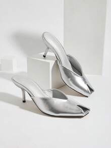 Women's Deep V-Neck Open Toe Mule Shoes, Elegant And Comfortable For Vacation, Party And Daily Wear, Solid Color Slip-On High Heel Sandals - Silver - View 1