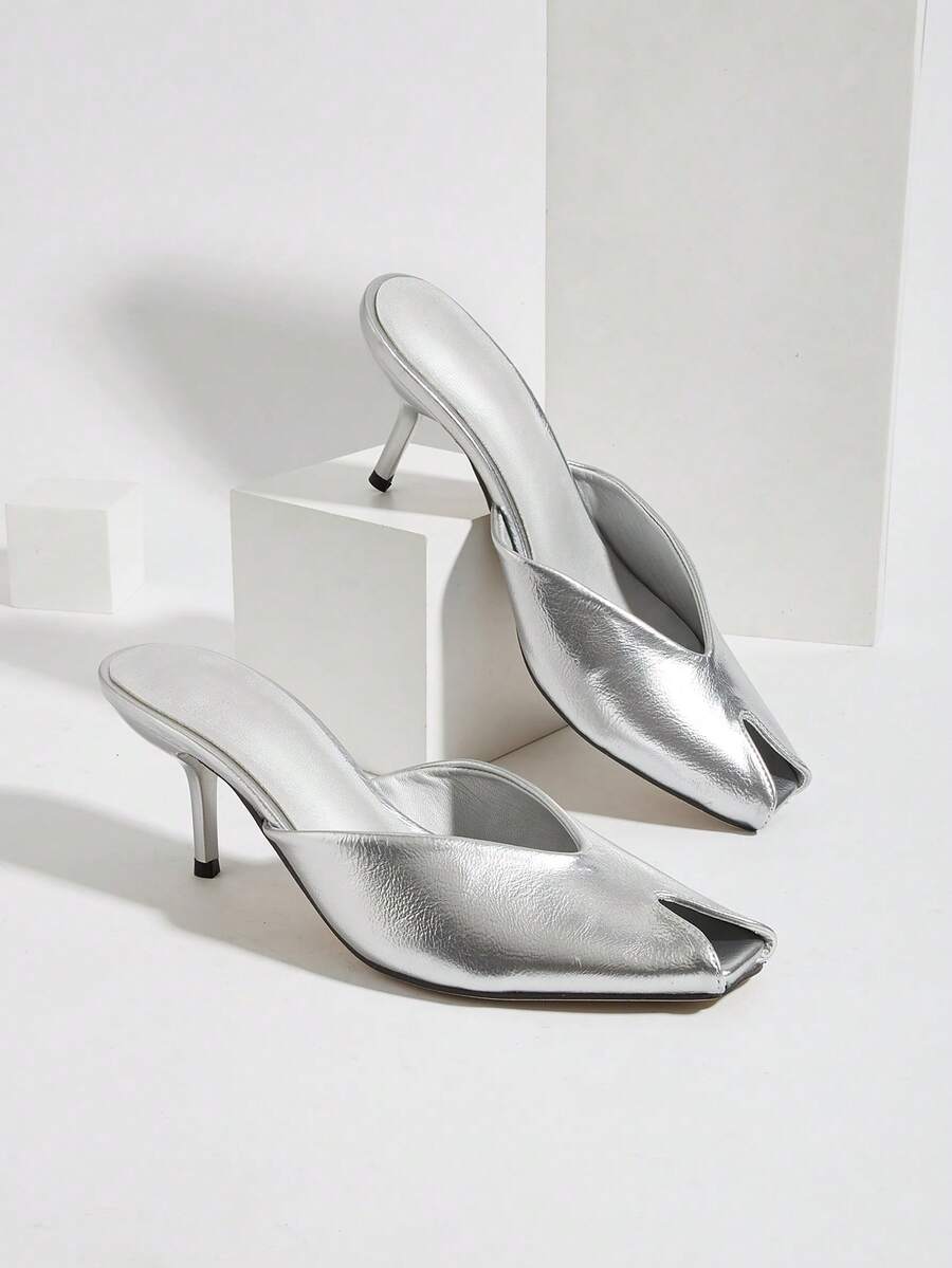 Women's Deep V-Neck Open Toe Mule Shoes, Elegant And Comfortable For Vacation, Party And Daily Wear, Solid Color Slip-On High Heel Sandals - Silver - View 1
