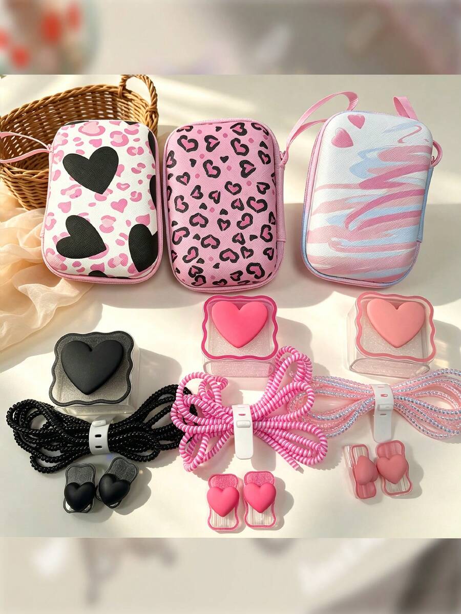 6pcs Sweet Cool Heart Data Cable Protection Set, Leopard Heart Pattern Printed Hard Shell Storage Bag, Heart Cable Clips, Spiral Cable Protectors, Charger Head Protectors, Thickened Shockproof Storage Bag, Anti-Drop And Anti-Pressure, With Carrying Strap For Easy Portability, Full Protection Data Cable Anti-Breakage, Compatible With Apple 18/20W Charger Protection Storage, Student Commute Multi-Function Data Cable Charger Storage Bag - View 1