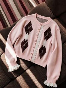 Fall/Winter Pink Argyle Lace Casual Blouses Knit Cardigan - Pink - View 2