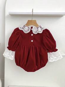 Christmas Baby Girl Lace Trim, Spring/Autumn Princess Party Bodysuit - Red - View 3