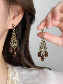 1 Pair Vintage Elegant Long Hollow Geometric Tassel Earrings Suitable For Women's Party And Daily Wear - Bronze - View 3