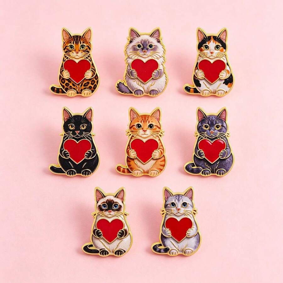 Cute Cat Holding Red Heart Lapel Enamel Pins And Brooches Badge Pins For Backpacks Bags Backpack Cool Decoration Friend For Gifts