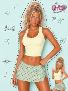Q-AND QAND 1pc Women's Cream Yellow Ice Silk Short Cropped Racerback Yoga Tank Top, Slim Fit Cool Touch Fitness Top Sports - Pale Yellow - View 1
