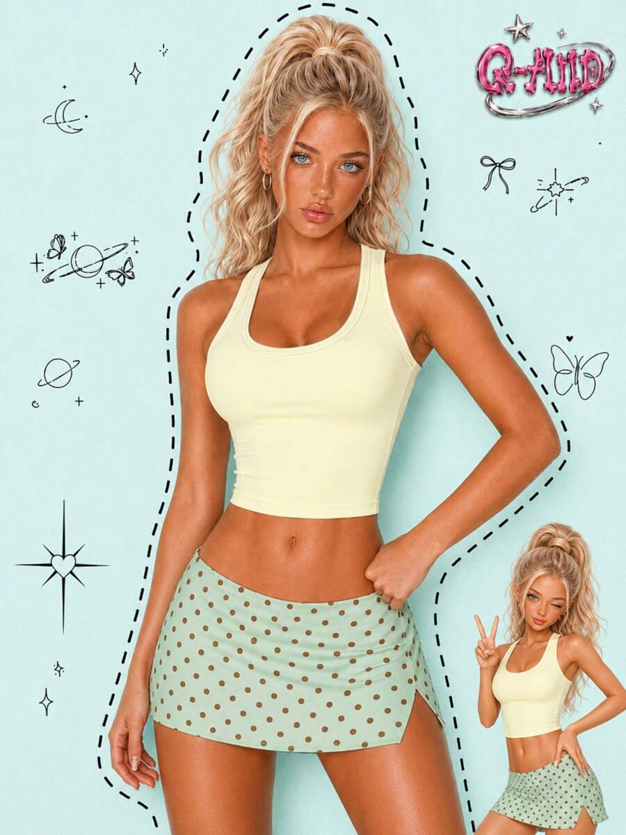 Q-AND QAND 1pc Women's Cream Yellow Ice Silk Short Cropped Racerback Yoga Tank Top, Slim Fit Cool Touch Fitness Top Sports - Pale Yellow - View 1