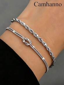 Camhanno 2pcs Minimalist Twisted Chain Bracelets, Stainless Steel Color, Colorless, Versatile, Unisex Delicate Jewelry For Men And Women - Silver - View 1