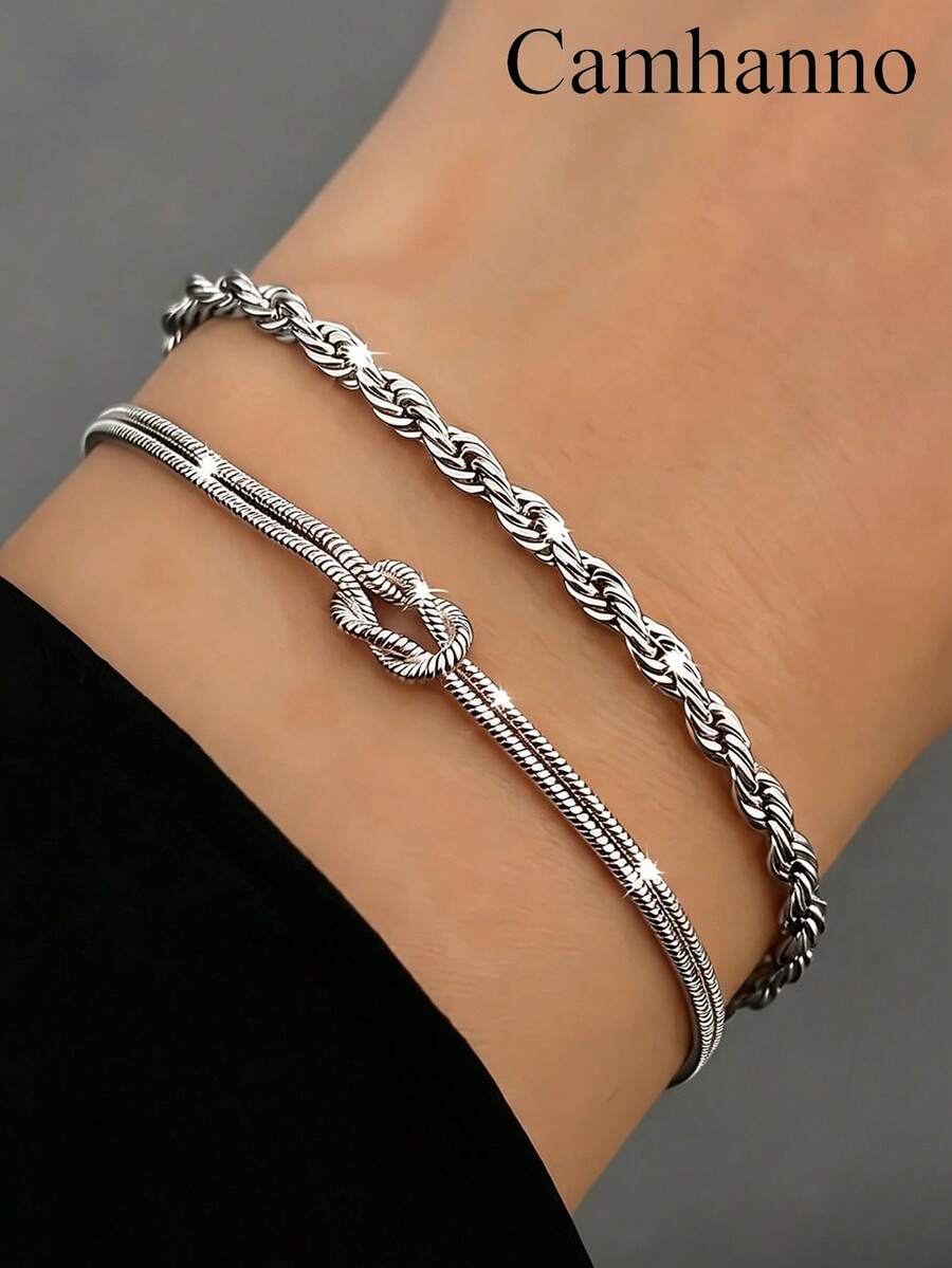 Camhanno 2pcs Minimalist Twisted Chain Bracelets, Stainless Steel Color, Colorless, Versatile, Unisex Delicate Jewelry For Men And Women - Silver - View 1