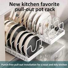 1pc Pull-Out Kitchen Cabinet Pot & Pan Rack With Sliding Lid Rack And Pot Rack For Storing Lids, Baking Utensils And Cookware - White - View 6