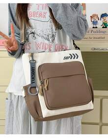 1 Stück künstlerische Canvas‑Schultertasche mit Cartoon‑Motiv, großes Fassungsvermögen, Mehrfach‑Fächer, Aktentasche für Schulunterlagen - Khaki - Übersicht 5