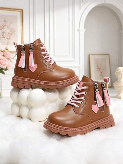 1 Pair Sweet Heart Pattern Ankle Boots, Pink Contrast Lace-Up Design, Side Zipper, Easy To Put On And Take Off, Suitable For Ankle Area, Thick Sole Fashion Boots, Suitable For Daily Outdoor Activities, Party Occasions, Autumn/Winter Style