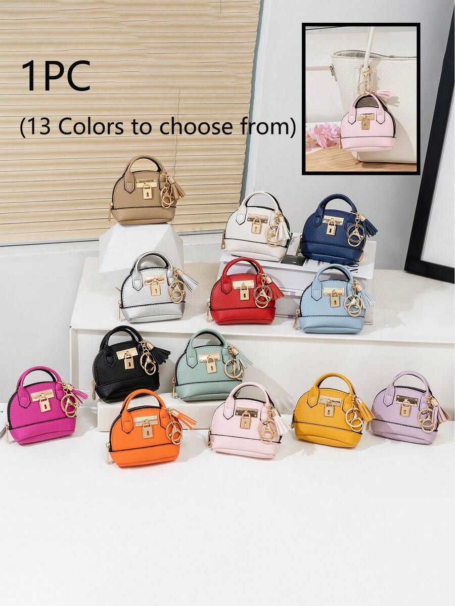 CHARM INFINITE Dompet Koin Mini Bentuk Kubah Warna Macaron dengan Gantungan Kunci dan Hiasan Rumbai, Kulit Bertekstur Leci, Tas Penyimpanan Earphone & Lipstik Portabel, Gantungan Kunci, Cocok untuk Anak Perempuan