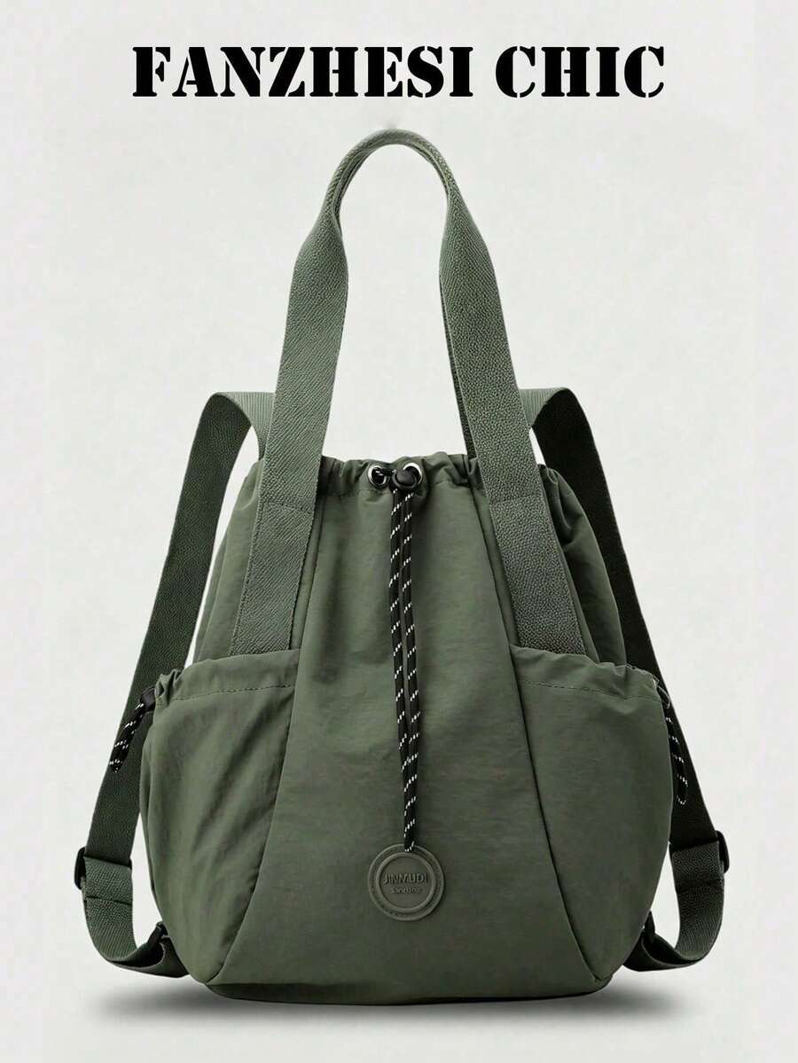 Military Green Nylon Drawstring Backpack, Convertible Handbag Backpack With Multiple Pockets And Adjustable Shoulder Straps For Outdoor Travel And Daily Use - Green - View 1