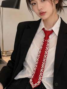 免打結珍珠水晶裝飾女款領帶，多色百搭襯衫配件 - 彩色 - 查看 6